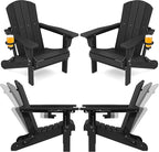SERWALL Folding Adirondack Chair Set of 4, Adjustable Adirondack Chair with 3 Recline Positions, All Weather HDPE Outdoor Adirondack with Cup Holders, Black