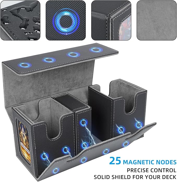 AFIING MTG Commander Card Storage Box - Fits 200 Double Sleeved Cards,3-in-1Card Deck Case,Strong Magnet Card Organizer For Magic Commander TCG CCG,4Dividers &2 Toploaders, Black/Grey