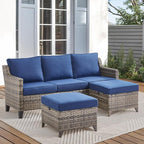 Patio Bistro Set, 3 Piece Outdoor Patio Furniture with 3-Seat Patio Wicker Sofa, Ottomans and Comfy Cushions, Rattan Wicker Conversation Set with High Back, Conversation Sets for Patio