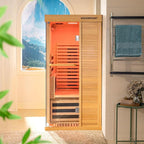 Woodbridge Infrared Home Sauna Room 1 Person Hemlock Wooden Indoor Sauna,7 Carbon 1560W/120V Heaters,with Led Color Therapy Light,Bluetooth Speaker,Tempered Glass,Touch-Tone Keypad and A Top Vent