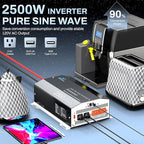 2500 Watt Pure Sine Wave Inverter with Auto Transfer Switch,12V DC to 110V 120V AC Converter,5000W Peak Power with 2 AC Outlets,USB Port,Tyep-C,Remote Control,RV Power Inverter for RV,Outdoor,Home