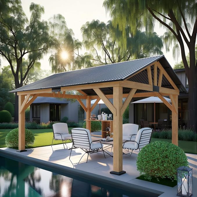 AMERLIFE 13x15 ft Spruce Wood Gazebo, Outdoor Gazebo with Bar Storage, Hardtop Wooden Paviloin with Metal Steel Gable Roof, Patio, Garage, Black + Natural Wood