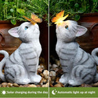 Solar Cat Garden Figurines Outdoor Decor Statue with LED Lights for Patio Balcony Yard Lawn Housewarming Gift for Garden Mom Grandma (Grey)