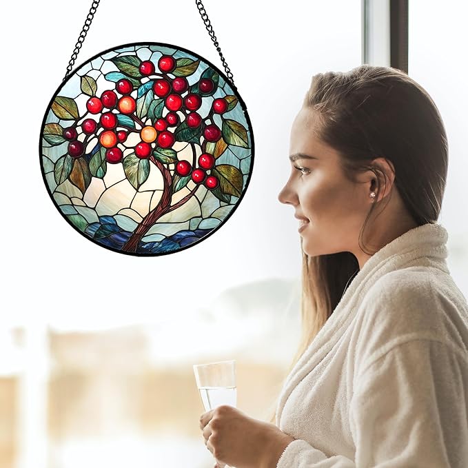 CRIS GIF Stained Glass Window Hanging - Red Fruit Tree Landscape Suncatcher for Doors Garden Patio Sun Catchers Decor Christmas Mother's Day Birthday Gifts for Women Men Mom Nana Friend 6.3 in