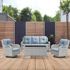 Patio Furniture 4 Piece, All-Weather PE Wicker Outdoor Furniture Set with Coffee Table,Outdoor Patio Furniture with Swivel Rocker Chairs and Outdoor Sofa, White Grey/Blue