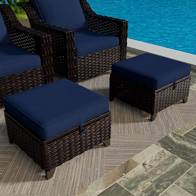 Vista Vibe 2 Pieces Patio Wicker Ottomans, Luxurious Footstools, Outdoor Small Footrest, Wicker Furniture with Removable Cushions,All-Weather PE Rattan, Garden, Backyard, Porch(Brown/Navy)