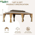 14' X 22' Hardtop Gazebo, Aluminum Wood-Looking Frame Outdoor Permanent Galvanized Steel Double Roof Pavilion Pergola Canopy with Privacy Curtains for Garden, Patio, Backyard, Deck and Lawns.