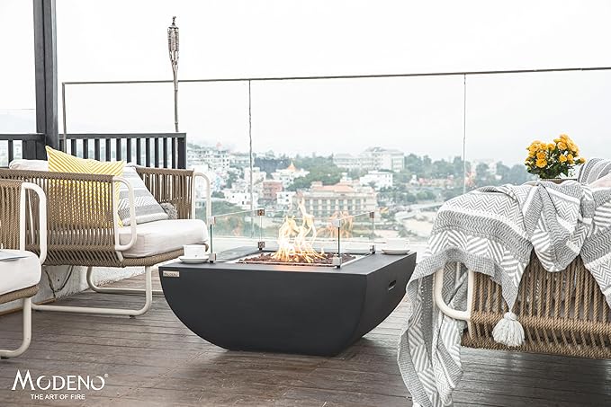 AMS Fireplace | Modeno Aurora Package | Black Natural Gas Fire Pit Table for Outside Patio Bundle with Wind Guard, and SS Burner Lid | Free Rubber Mat & Ice Bucket