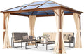 TOOLPORT Hardtop Gazebo 10x13 ft with Polycarbonate Roof - Wood-Like Finish - 4 Side Panels in Champagne