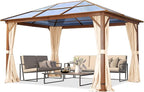 TOOLPORT Hardtop Gazebo 10x13 ft with Polycarbonate Roof - Wood-Like Finish - 4 Side Panels in Champagne