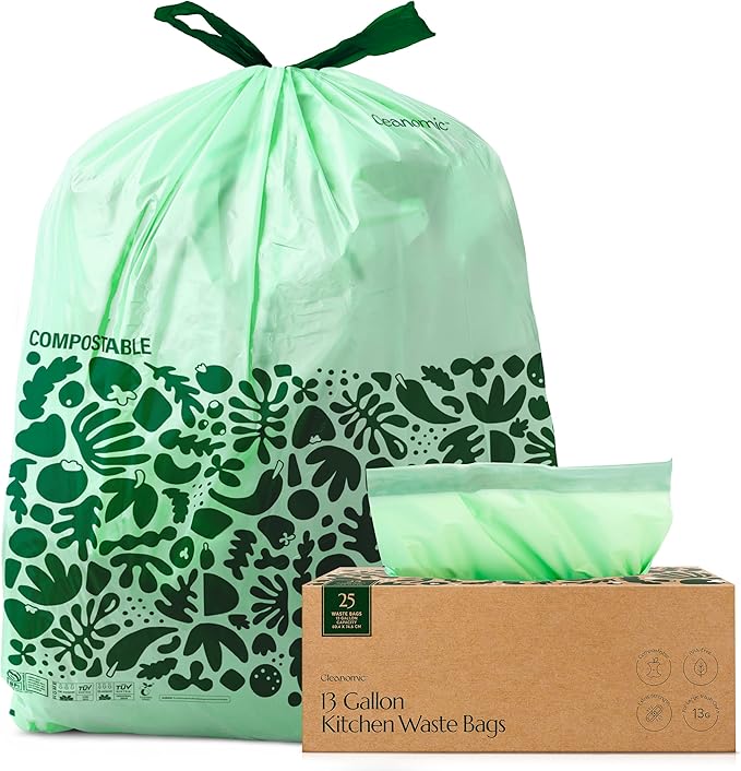 Cleanomic Compostable* Trash Bags with Drawstring (13 Gallon, 25 Units, Tall), BPI Certified For Kitchen Compost