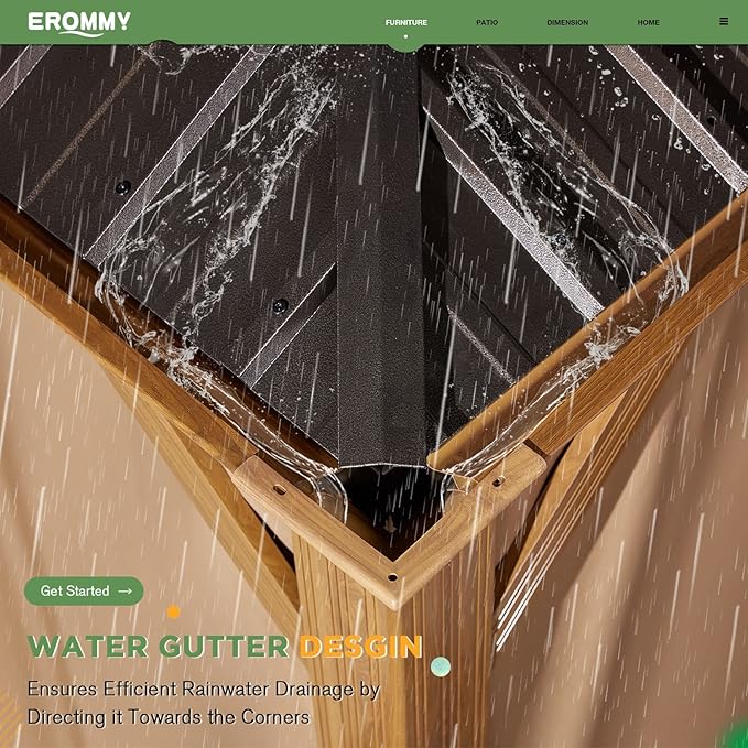 EROMMY 12' x 12' Gazebo, Wooden Finish Coated Aluminum Frame Canopy with Double Galvanized Steel Hardtop Roof, Outdoor Permanent Metal Pavilion with Curtains and Nettings for Patio, Backyard and Deck
