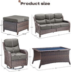 Rilyson Wicker Outdoor Patio Furniture Set - 6 Piece Patio Conversation Sets with Swivel Rocker Chairs, Ottomans, Sofa and Coffee Table, 6 inch Cushions, Deep Seating, for Porch Deck Brown/Grey