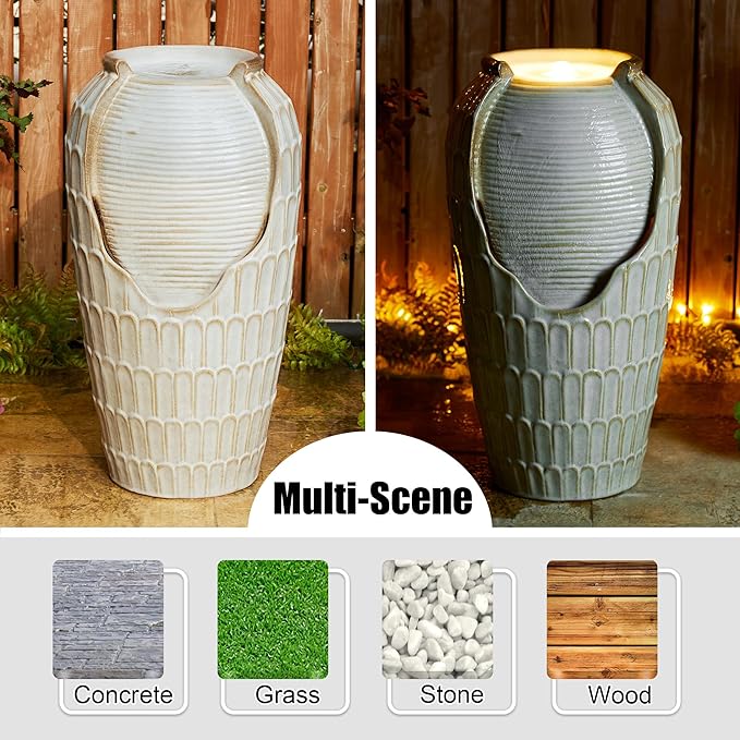Glitzhome 28.25" H Oversized Ceramic Petals Textured Jar Outdoor Water Fountain, Vintage Sand Beige Glaze Vase Patio Garden Waterfall Fountain with LED Light and Submersible Pump