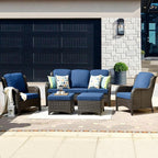 HOOOWOOO Patio Furniture Set,5 Piece Outdoor Furniture Set,Wicker Patio Conversation Couch Chairs Ottoman Set,Navy Blue