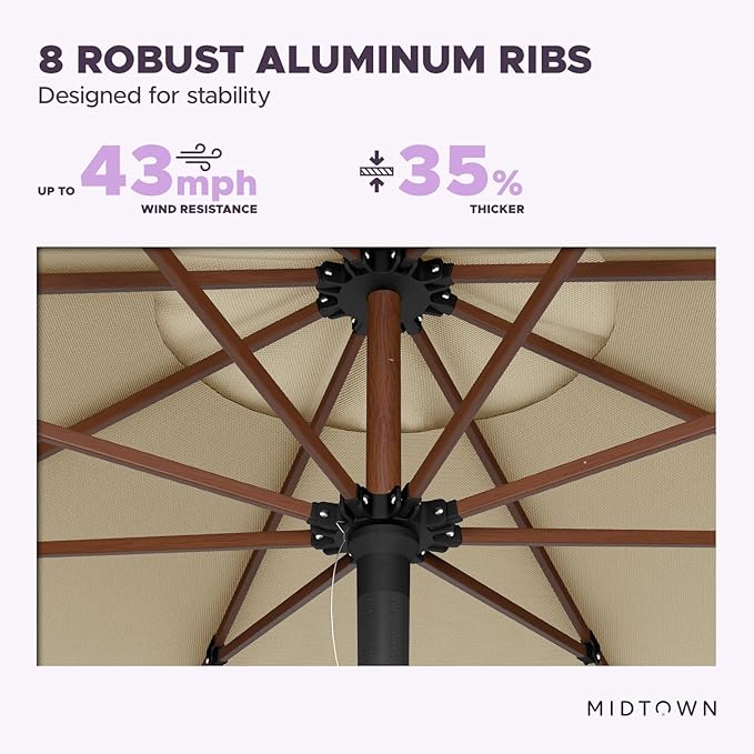 Midtown Umbrellas The Wooden 8 Feet Patio Umbrella With Terylast Chestnut (Beige) Polyester Fabric - Aluminum Frame Market Umbrella For Backyard, Deck, Garden, Pool - Wooden Pole