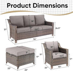 5 Pieces Wicker Patio Furniture Set-Outdoor High Back Sofa with Rattan Wicker Chairs Outdoor Furniture for Porch Garden Backyard Poolside-Brown/Grey