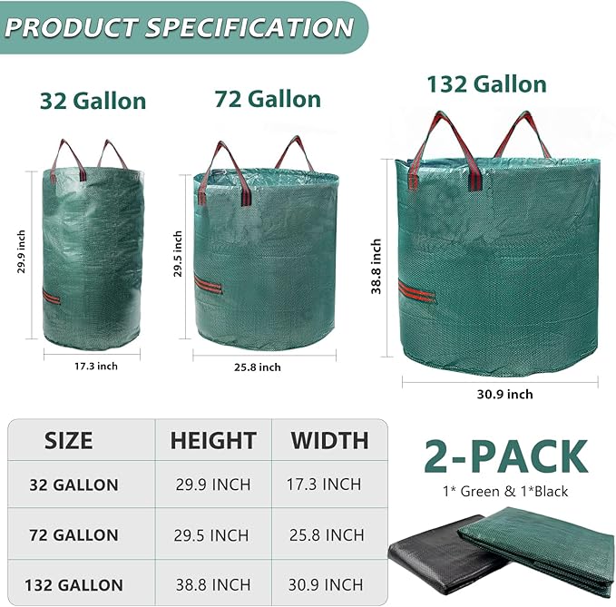 2 Pack 132 Gallon Reusable Yard Waste Bags (Green + Black), Durable Lawn and Leaf Bags with Reinforced Handles, Jumbo Collapsible Garden Bags for Yard Cleanup, Landscaping & Storage