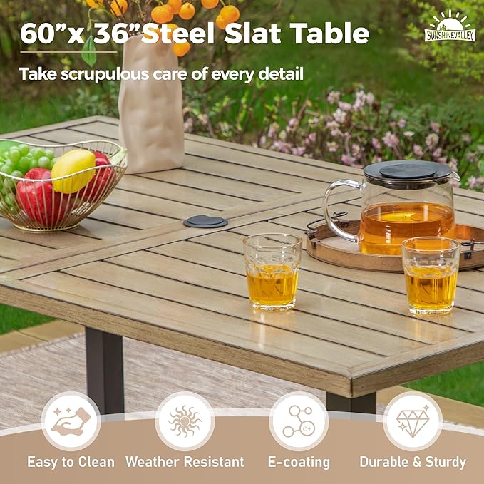 7 PCS Patio Dining Set for 6, Rectangular Wood-Like Metal Table with Umbrella Hole and 6 Chairs, Outdoor Table and Chairs for Lawn Garden Backyard and Deck, Brown