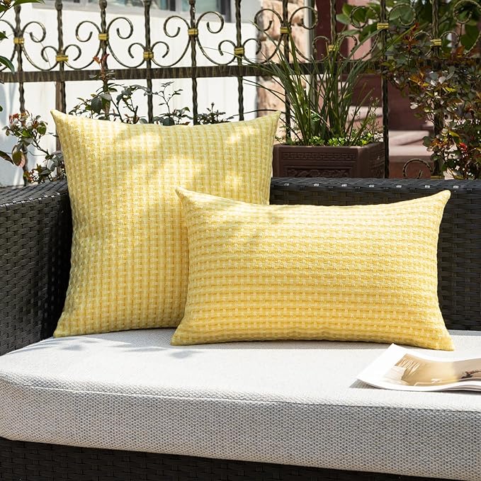 Kevin Textile Outdoor Waterproof Throw Pillow Covers Pack of 2 Farmhouse Decorative Cushion Covers for Garden Patio Tent Balcony Bench Couch Sofa 12x20 Inch, Yellow