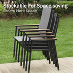 PHI VILLA Outdoor Stackable Chairs, Patio Chairs Set of 8, Light Weight Aluminum Frame with Textilene Fabric & Wood Armrest, High Back Deck Chairs for Poolside Lawn Garden, Gray