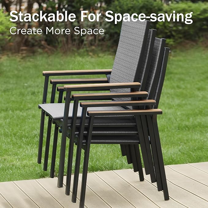 PHI VILLA Outdoor Stackable Chairs, Patio Chairs Set of 8, Light Weight Aluminum Frame with Textilene Fabric & Wood Armrest, High Back Deck Chairs for Poolside Lawn Garden, Gray