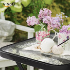 VINGLI Folding Glass Outdoor Side Table, 18 Inches Small Foldable Patio Bistro Table with Tempered Glass Table Top for Lawn & Garden, Balcony, Porch and Pool, Rectangular