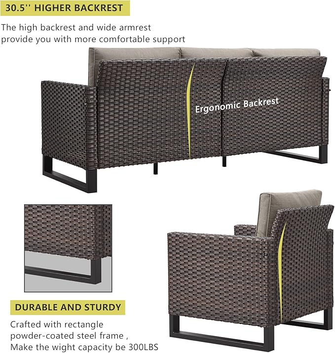 HUMMUH 5 Piece Patio Furniture Set with Fire Pit Table 41in 55,000 BTU,Wicker Outdoor Conversation Sets -Patio Sofa Outdoor Chairs Set of 2 for Porch,Garden,Backyard