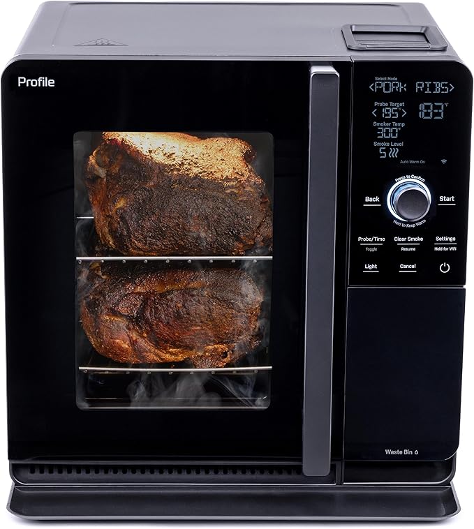 GE Profile™ Smart Indoor Pellet Smoker, with Active Smoke Filtration, 5 Smoke Control Settings, WiFi Connected, Electric, Countertop BBQ Appliance, Black