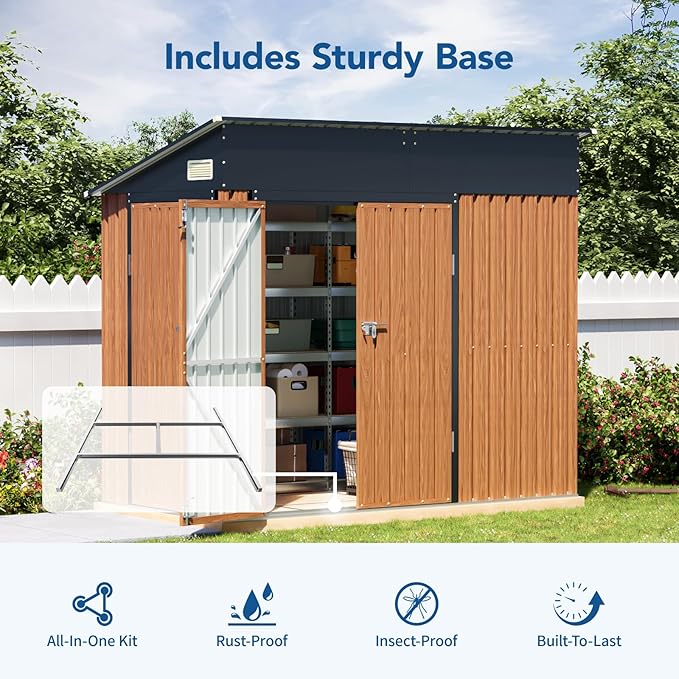 8x4 Ft Outdoor Metal Shed, Storage Shed with Floor, Updated Frame Structure & Triple Lockable Doors, Large Garden Tool Shed for Backyard, Patio, Lawn & Utility Storage