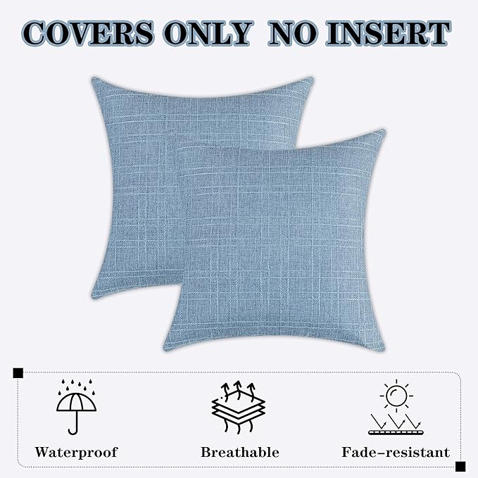 Kevin Textile Pack of 2 Decorative Outdoor Waterproof Pillow Covers Garden Checkered Cushion Sham Throw Pillowcase Shell for Patio Tent Couch 20x20 Inch Light Blue