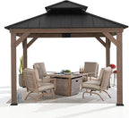 SUNJOY 11 x 11 ft. Wood Gazebo Standard Cedar Framed Gazebos with Black Double Steel Hardtop Roof for Garden, Backyard Shade, Dark Brown Roof + Dark Wood Frame