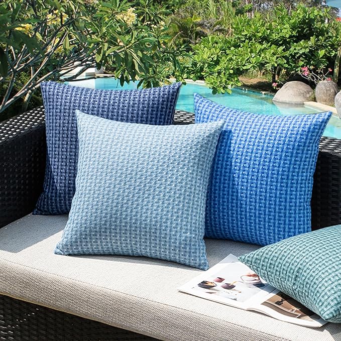 Kevin Textile Outdoor Waterproof Throw Pillow Covers Pack of 2 Farmhouse Decorative Cushion Covers for Garden Patio Tent Balcony Bench Couch Sofa 22x22 Inch, Blue