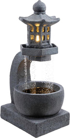 Alpine Corporation DIG370 31" Outdoor Zen Pagoda Water Fountain with LED Lights & Illuminated Stone Bowl – Tranquil Garden Water Feature for Relaxation and Ambiance, Gray