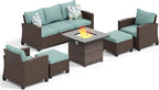 HERA'S HOUSE Wicker Patio Furniture Set with Fire Pit Table, 6 Pieces Outdoor Seating Furniture with Thick Cushions, 7 Seats Patio Conversation Sofa Sets, Blue