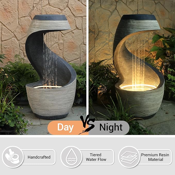 37" Tall S-Shaped Outdoor Waterfall Fountain – Rainfall Water Fountain for Garden, Patio or Backyard Decor, Floor-Standing Resin Garden Fountains Water Feature with Flat Top for Plant Display