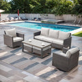 Rilyson Wicker Outdoor Patio Furniture Set - 6 Piece Patio Conversation Set with 2 Swivel Rocker Chairs,2 Rattan Ottoman,1 Couch and 1 Metal Coffee Table for Outside Porch Deck Backyard(Brown/Beige)