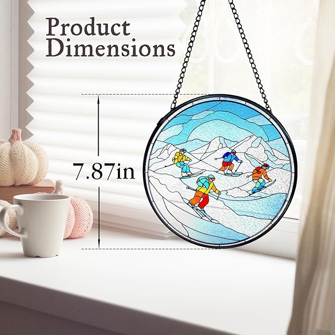 kdqua Winter Ski Suncatcher Stained Glass Window Hanging, Ski Lovers Gifts for Women Sun Catchers Indoor Window Glass Round Wall Decor, Winter Skiing Wall Art Hanging Decorations Statues, 7.9x7.9in