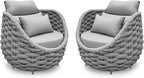 2 PCS Patio Deck Accent Chair: Large Woven Rope Chair Cushioned - Aluminum Modern Single Lounge Armchair Assembled - All Weather Outdoor Seating for 400lbs Lanai Balcony Porch Garden Hotel, Gray