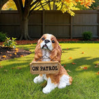 Cavalier King Charles Spaniel Outdoor Dog Statue with Reversible “Welcome/ON Patrol” Hanging Plaque and Solar Porch Lantern, Brown & White Sitting