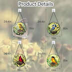 Stained Glass Window Hanging 4 Pcs Set Bird Theme On Branch Large 15" - Cardinal Suncatcher Door Garden Sun Catcher Decor Birthday Christmas for Mom Woman Nana Men