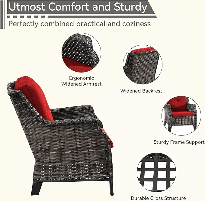 4 Piece Patio Furniture Set, 2 Chairs and 2 Ottomans PE Wicker Footstool, Outdoors Rattan Conversation Set with Deep Seating and Olefin Cushions, for Backyard, Garden, Red