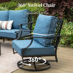 7 Piece Metal Outdoor Patio Furniture Set, Patio Conversation Sets 1 3-seater Sofa, 2 Fixed Chairs, 2 Swivel Chairs, 2 Ottomans with 5.75" Thick Cushion, Black Backyard Furniture, Navy