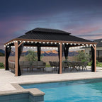 PURPLE LEAF 14' X 20' Outdoor Hardtop Gazebo for Patio Galvanized Steel Double Roof Permanent Canopy Teak Finish Coated Aluminum Frame Pavilion Gazebo with Netting and String Lights