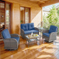 5 Piece Patio Furniture Set - Wicker Patio Conversation Set with Swivel Glider, Glider Loveseat, Tempered Glass Side Table and Coffee Table for Deck Backyard - Brown Wicker Blue Cushion