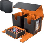 AFIING MTG Commander Deck Box 200 Double Sleeved Cards Storage, 3-in-1 Magnetic Card Case Organizer for Magic: The Gathering TCG CCG, 4 Dividers & 2 Toploaders (Black/Orange)