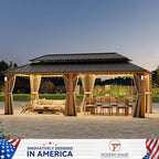 Modern Shade The Horizon Permanent Hardtop Gazebo 12' x 24' with 4 LED Lights, Outdoor Gazebo w/Galvanized Steel Double Roof, Patio Pavilion w/Decor Hooks, Mosquito Netting and Curtains, Wood-Looking