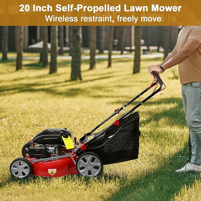 20 Inch 141cc Self Propelled Gas Lawn Mower, 4-Stroke Engine with 50L Grass Catcher, 7-Position Height Adjustment & Foldable Handle, Lawn Mower for Yard & Garden