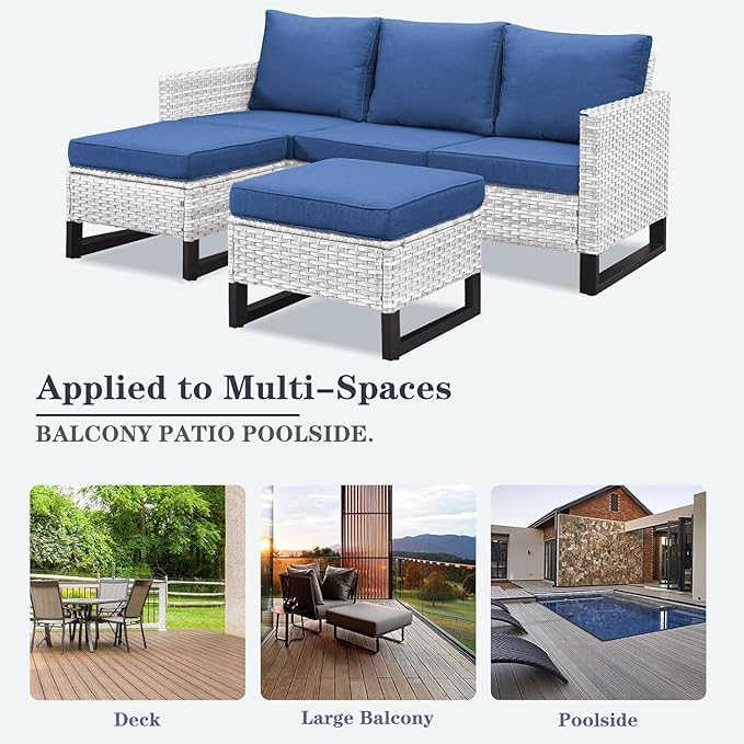 Wicker Patio Furniture Set, 6 PCS Outdoor Patio Furniture Set with Swivel Chairs, Includes 2 Swivel Patio Chairs, 1 Outdoor Couch, 1Side Table and 2 Ottoman, Light Beige/Blue