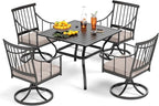 PHI VILLA 5 Pieces Outdoor Dining Set for 4, Square Black Wrought Iron Table with Umbrella Hole & Swivel Metal Chairs with Cushions, Modern Furniture for Patio, Deck, Yard, Porch